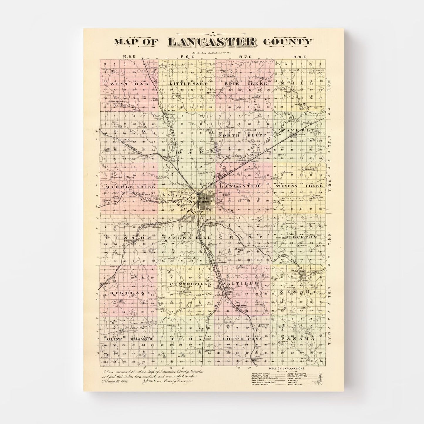 Vintage Map of Lancaster County, Nebraska 1885-Not available at Minden location-