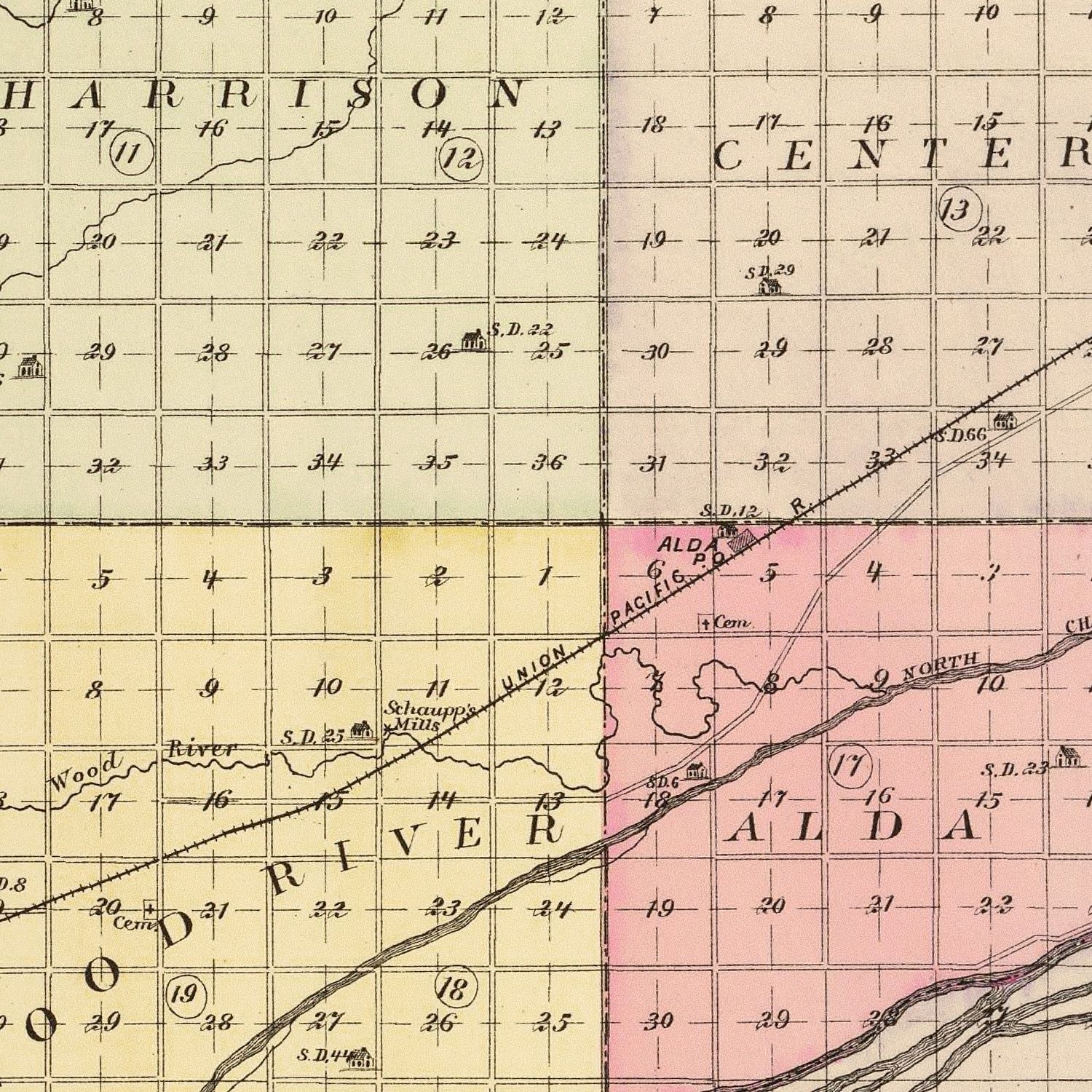Vintage Map of Hall County, Nebraska 1885 -Not available at Minden location-