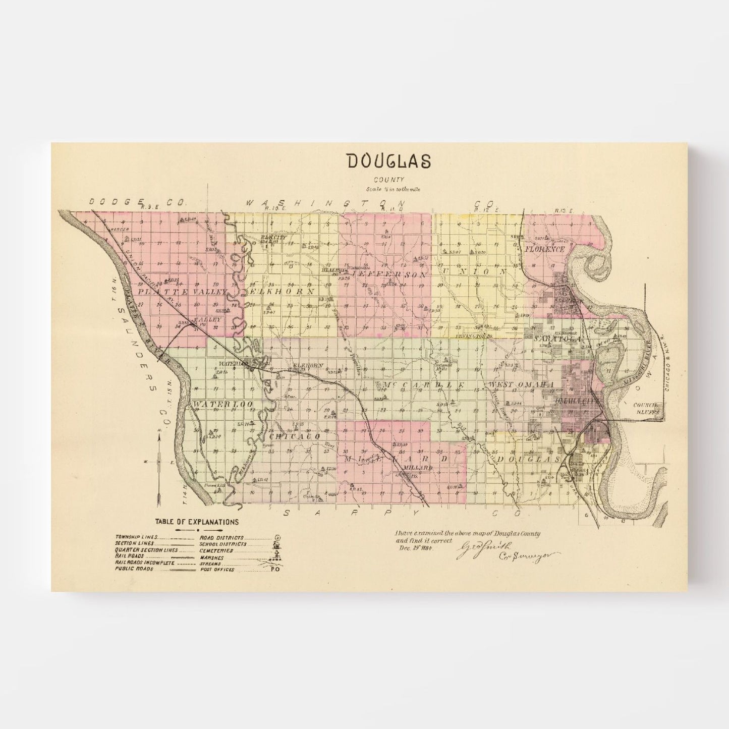 Vintage Map of Douglas County, Nebraska 1885 -Not available at Minden location-