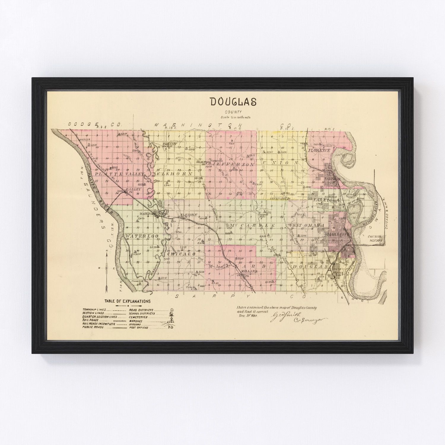 Vintage Map of Douglas County, Nebraska 1885 -Not available at Minden location-