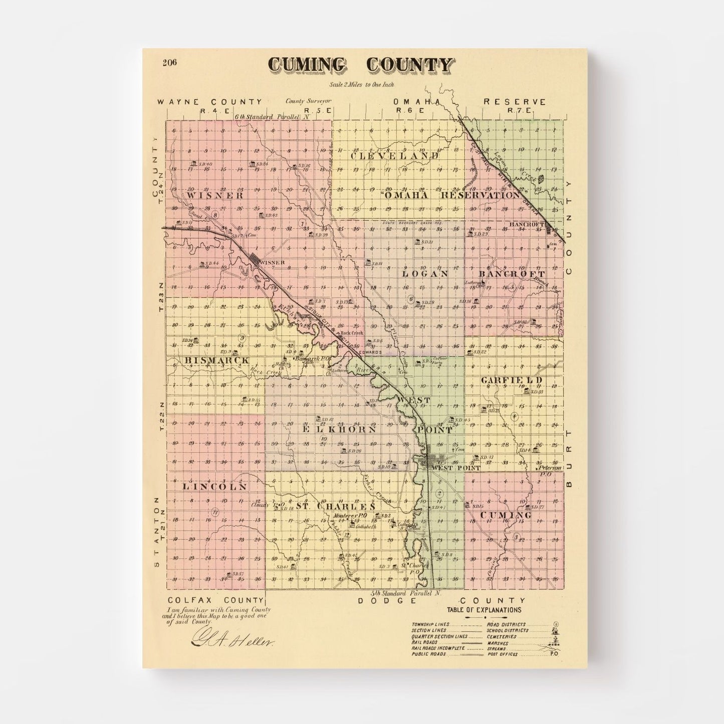 Vintage Map of Cuming County, Nebraska 1885 -Not available at Minden location-