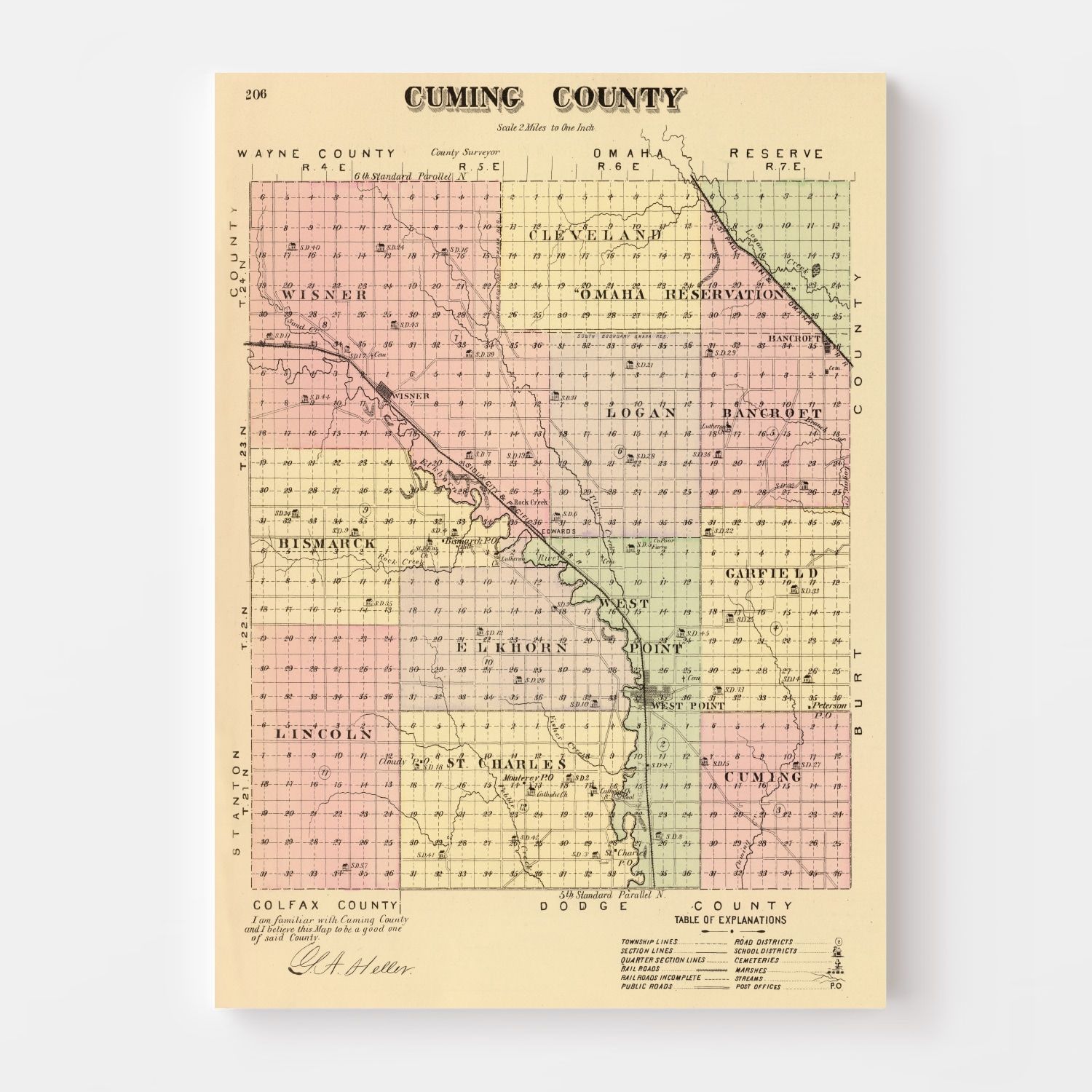 Vintage Map of Cuming County, Nebraska 1885 -Not available at Minden location-