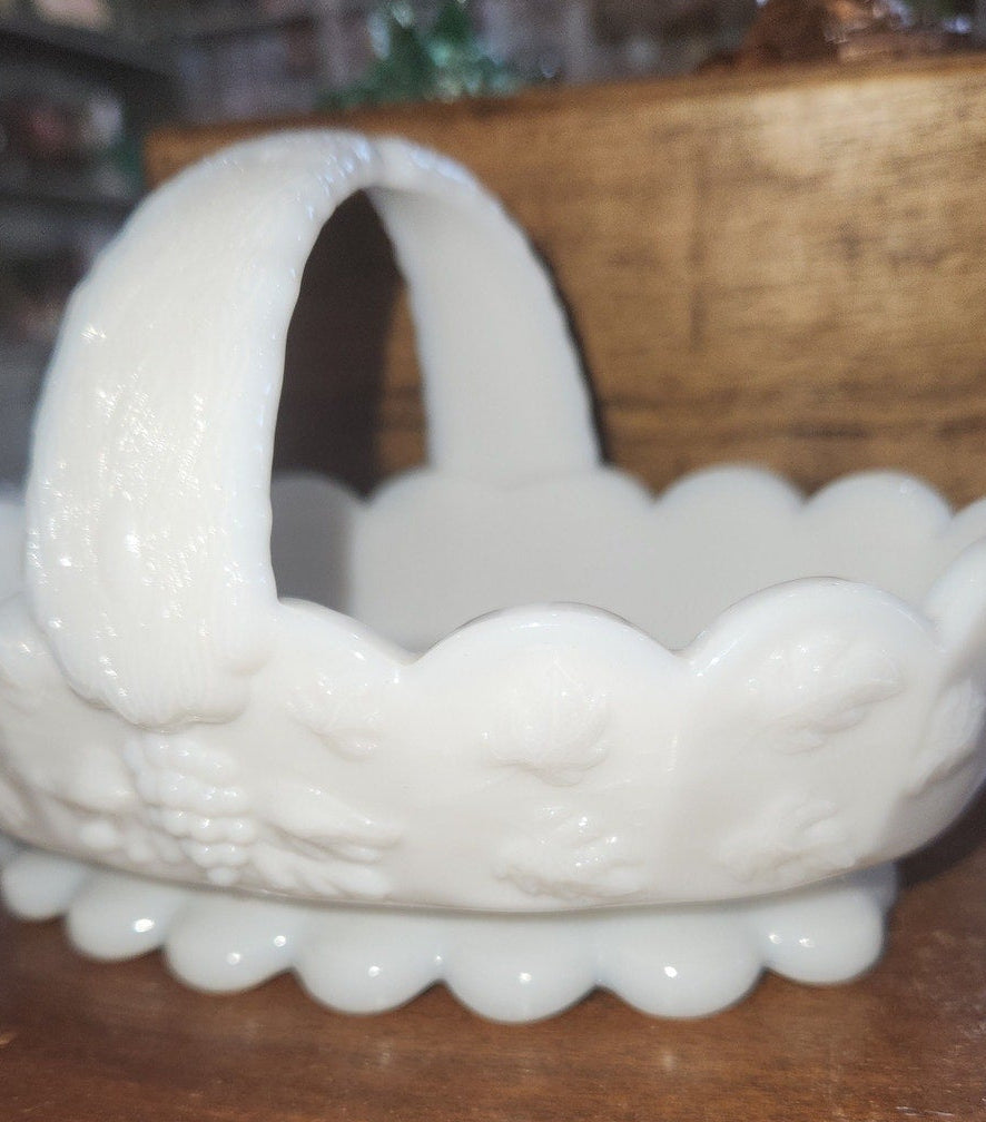 Vintage Westmoreland Paneled Grape Milk Glass Basket