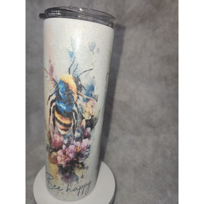 20 oz Stainless Steel Glitter Tumbler Bee Kind Bee Happy Bee Sweet