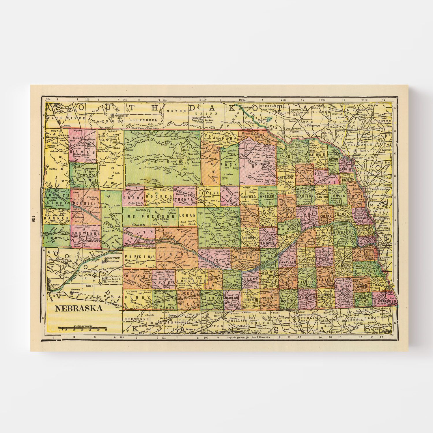 Vintage Map of Nebraska 1909 -Not available at Minden location-