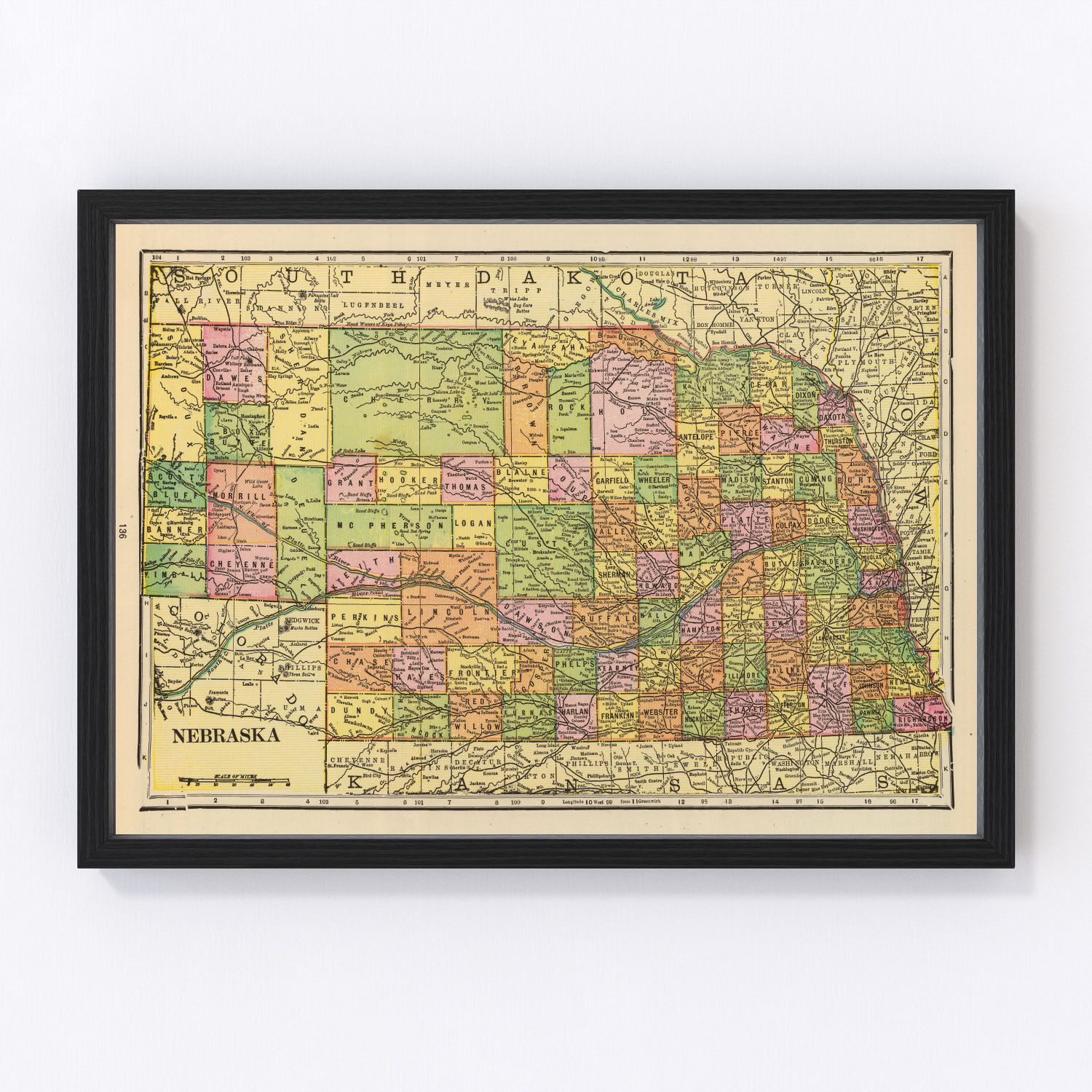 Vintage Map of Nebraska 1909 -Not available at Minden location-