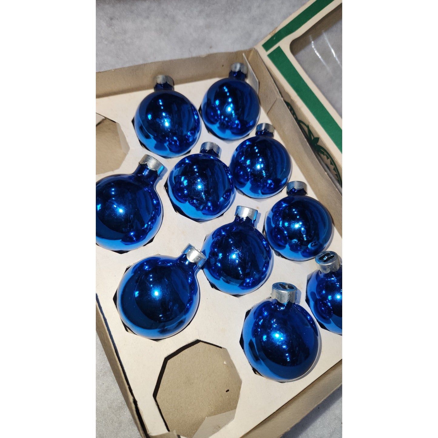 Vintage Box of 10 Blue Glass Ornaments Possibly Coby bo12