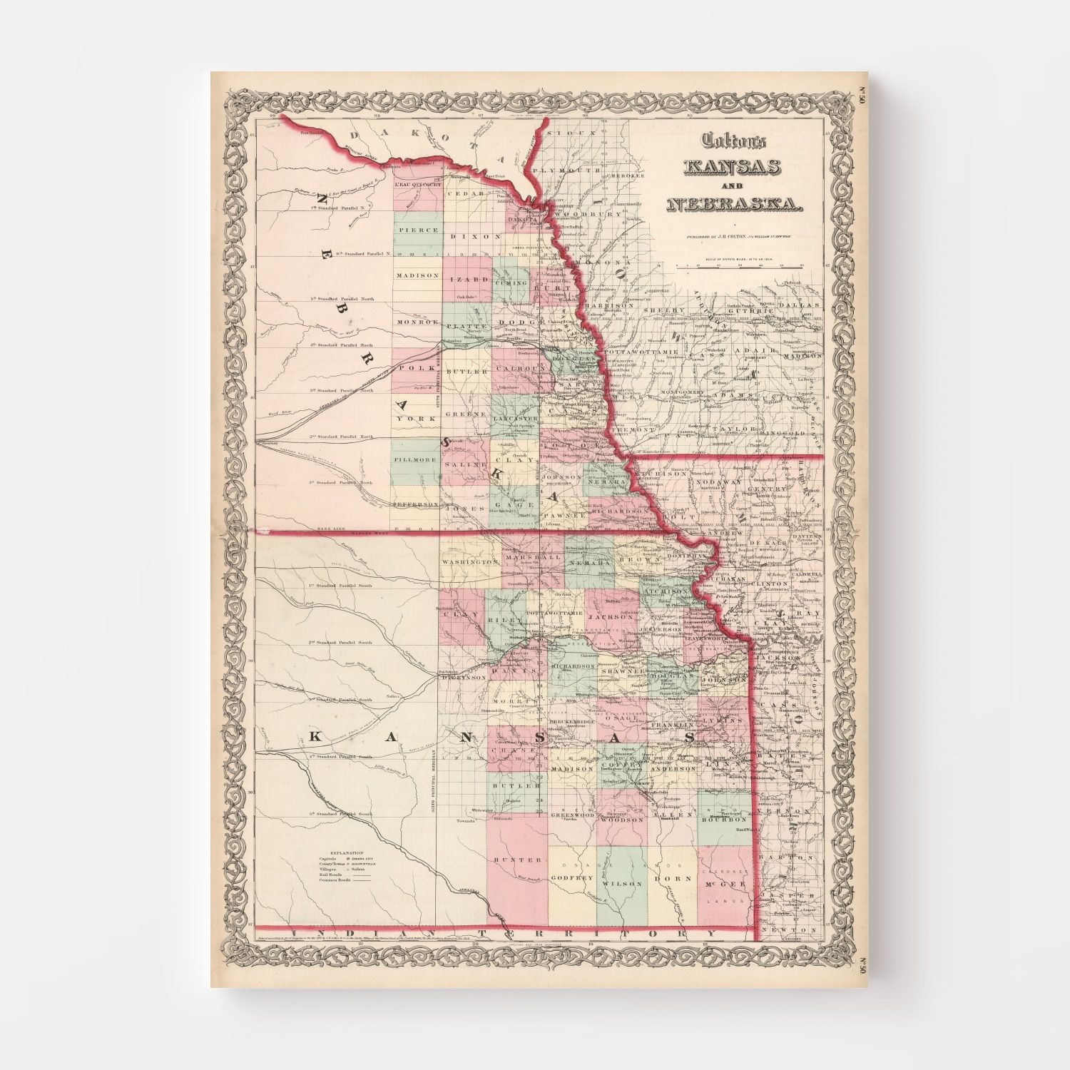 Vintage Map of Kansas & Nebraska 1861 -Not available at Minden location-