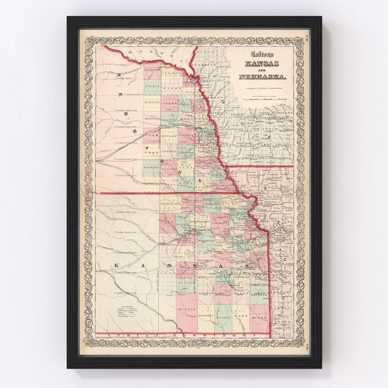Vintage Map of Kansas & Nebraska 1861 -Not available at Minden location-