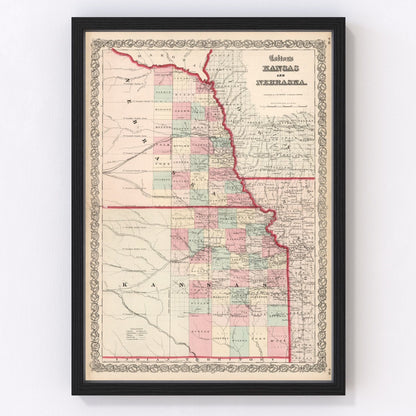 Vintage Map of Kansas & Nebraska 1861 -Not available at Minden location-