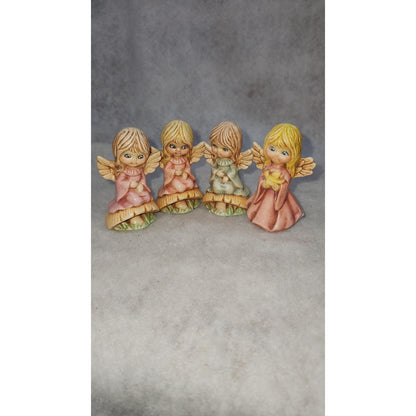 Vintage angels on mushrooms and with a bird handpainted