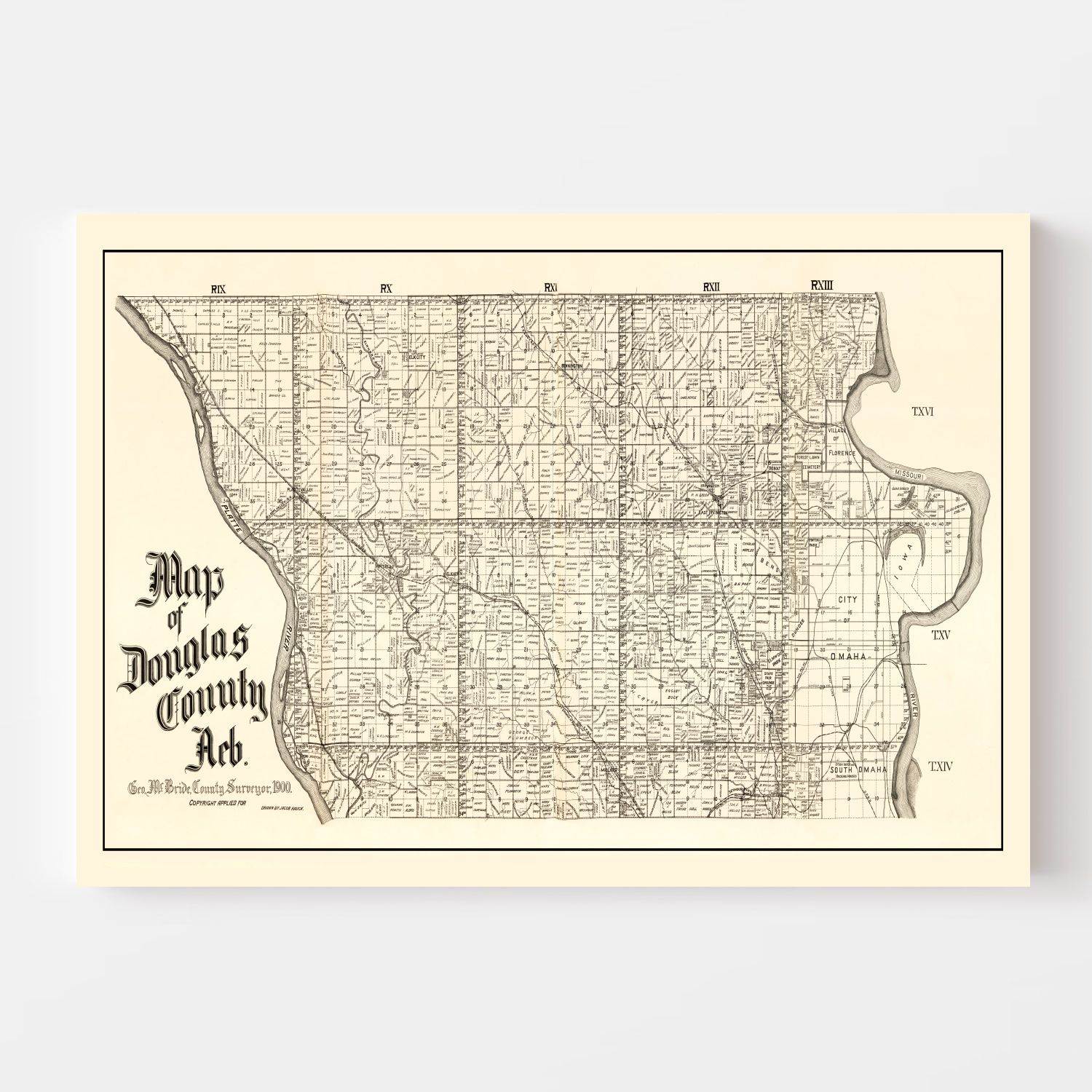 Vintage Map of Douglas County, Nebraska 1900 -Not available at Minden location-