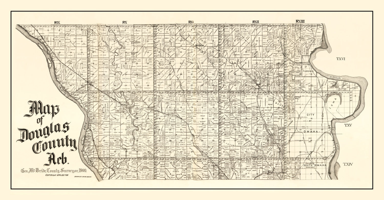 Vintage Map of Douglas County, Nebraska 1900 -Not available at Minden location-