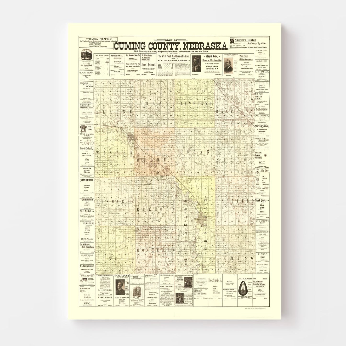 Vintage Map of Cuming County, Nebraska 1900 -Not available at Minden location-