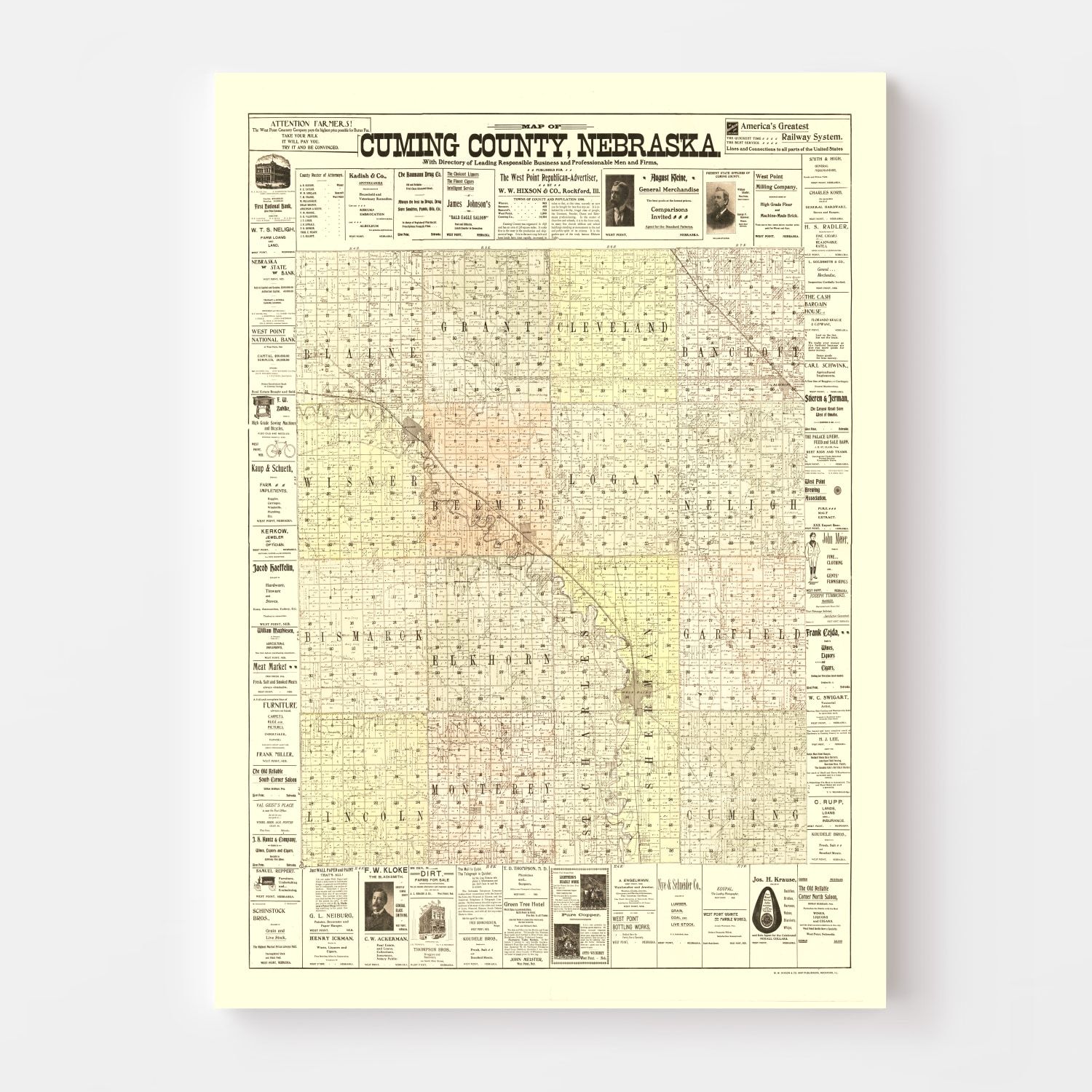Vintage Map of Cuming County, Nebraska 1900 -Not available at Minden location-