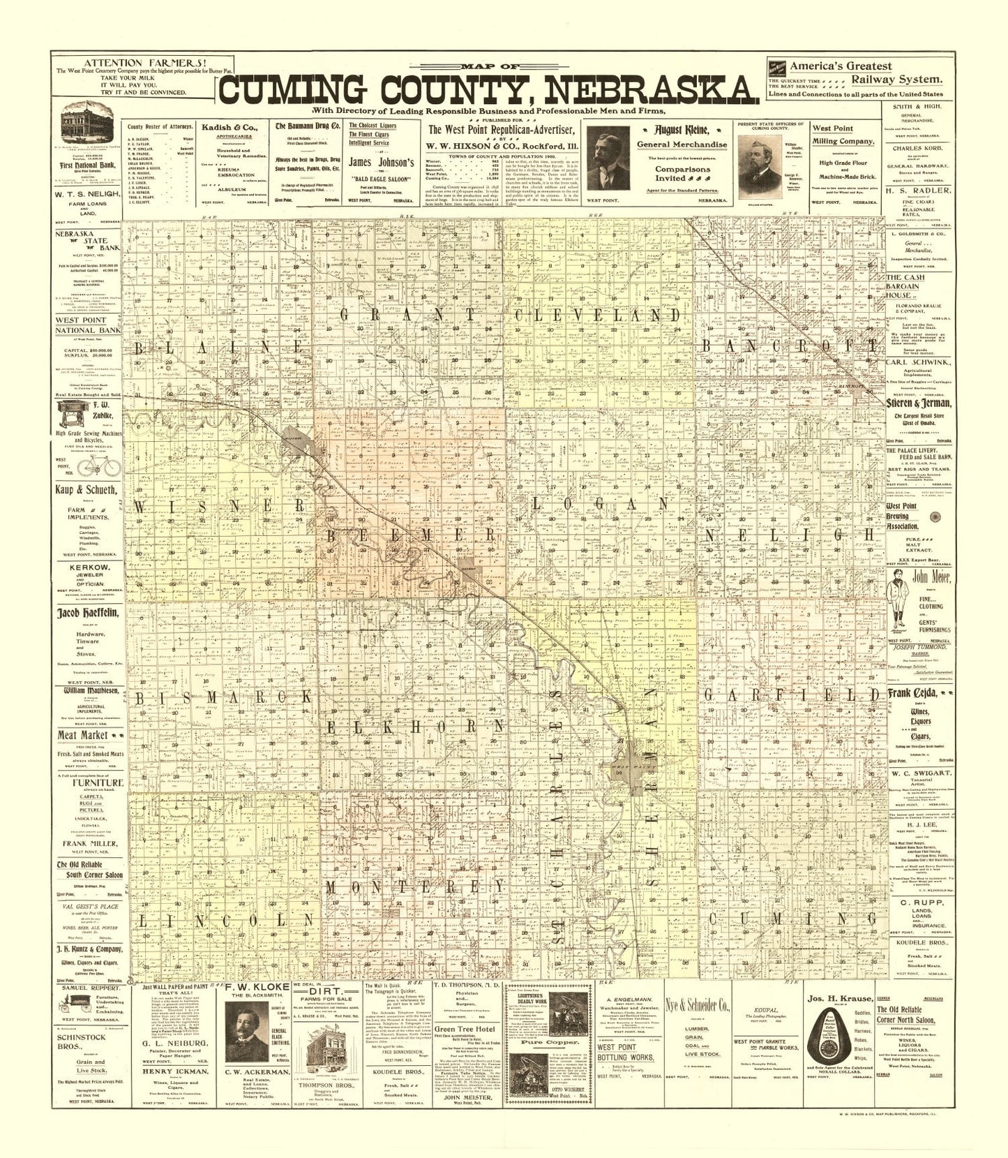 Vintage Map of Cuming County, Nebraska 1900 -Not available at Minden location-