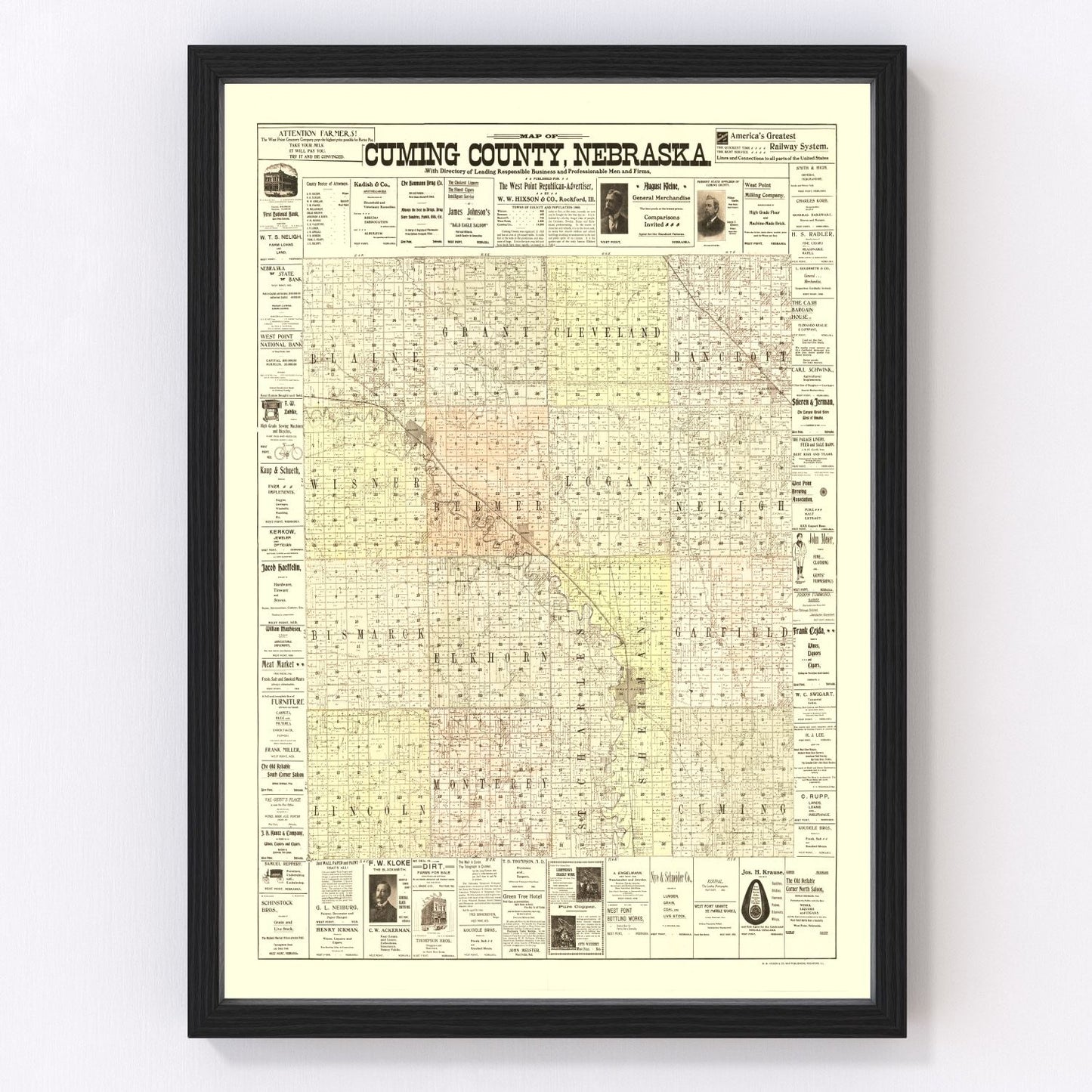 Vintage Map of Cuming County, Nebraska 1900 -Not available at Minden location-