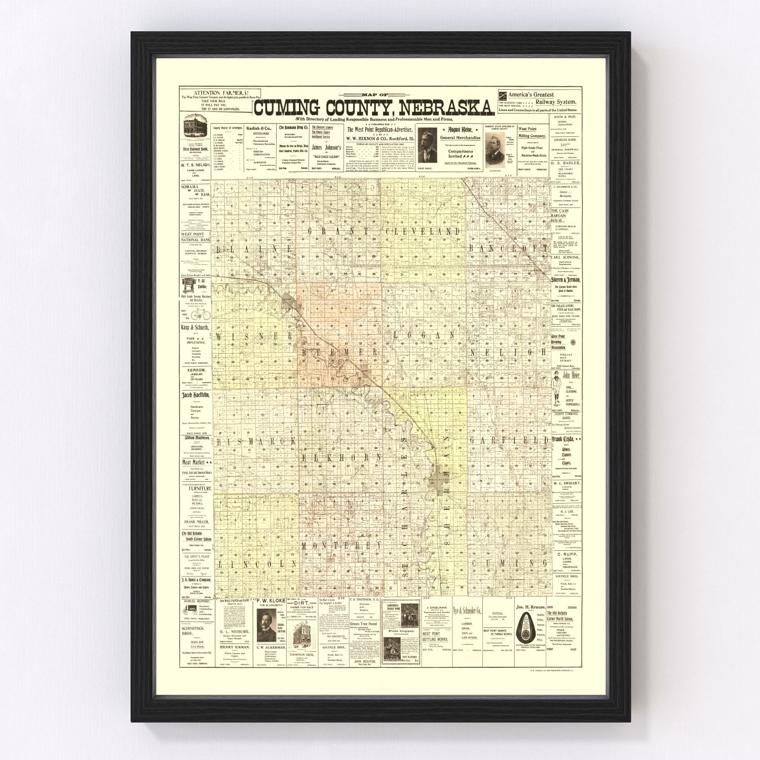 Vintage Map of Cuming County, Nebraska 1900 -Not available at Minden location-