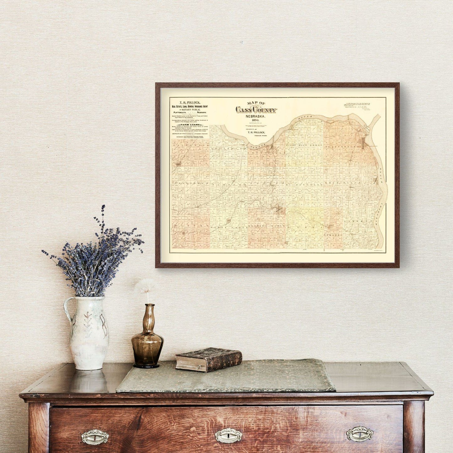 Vintage Map of Cass County, Nebraska 1894 -Not available at Minden location-