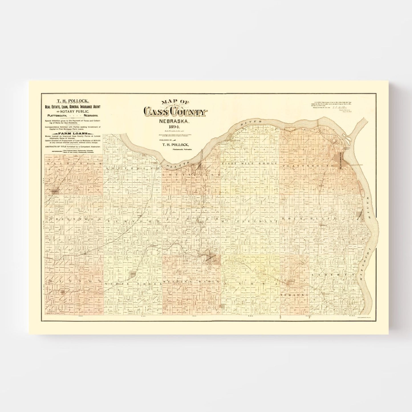 Vintage Map of Cass County, Nebraska 1894 -Not available at Minden location-