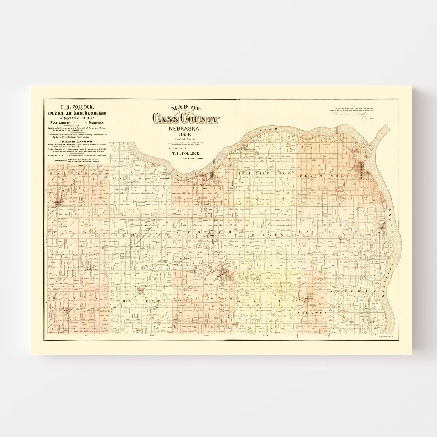 Vintage Map of Cass County, Nebraska 1894 -Not available at Minden location-