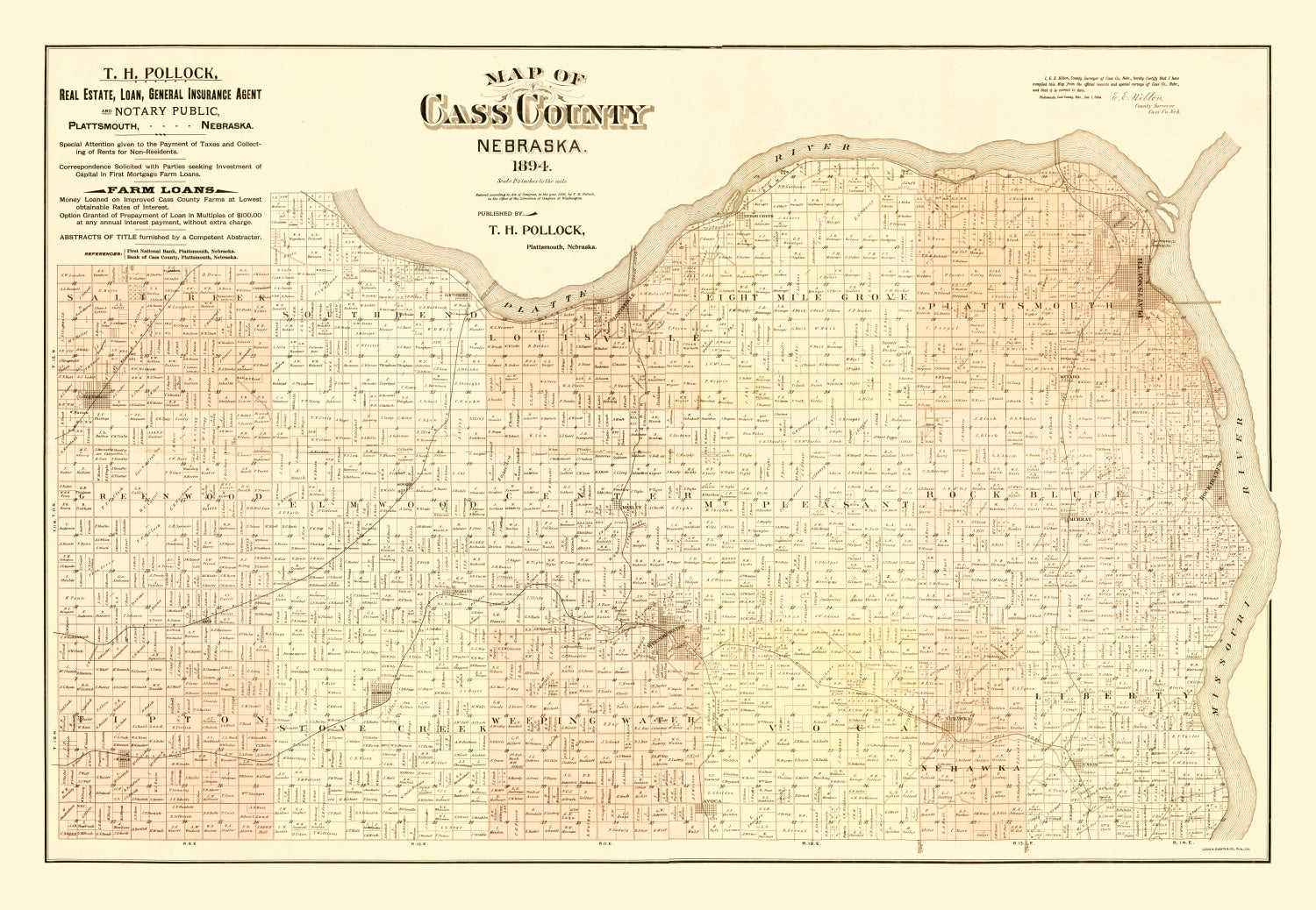 Vintage Map of Cass County, Nebraska 1894 -Not available at Minden location-