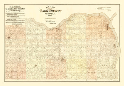 Vintage Map of Cass County, Nebraska 1894 -Not available at Minden location-