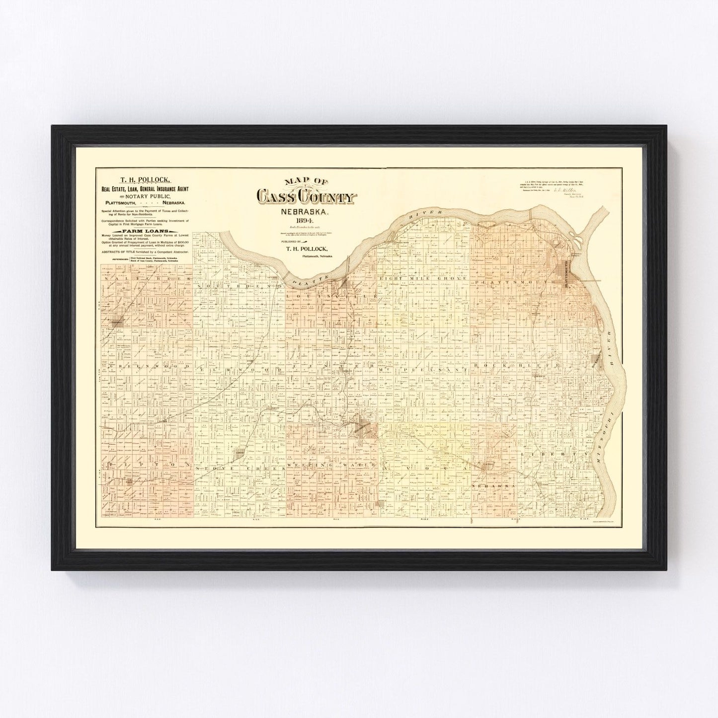 Vintage Map of Cass County, Nebraska 1894 -Not available at Minden location-