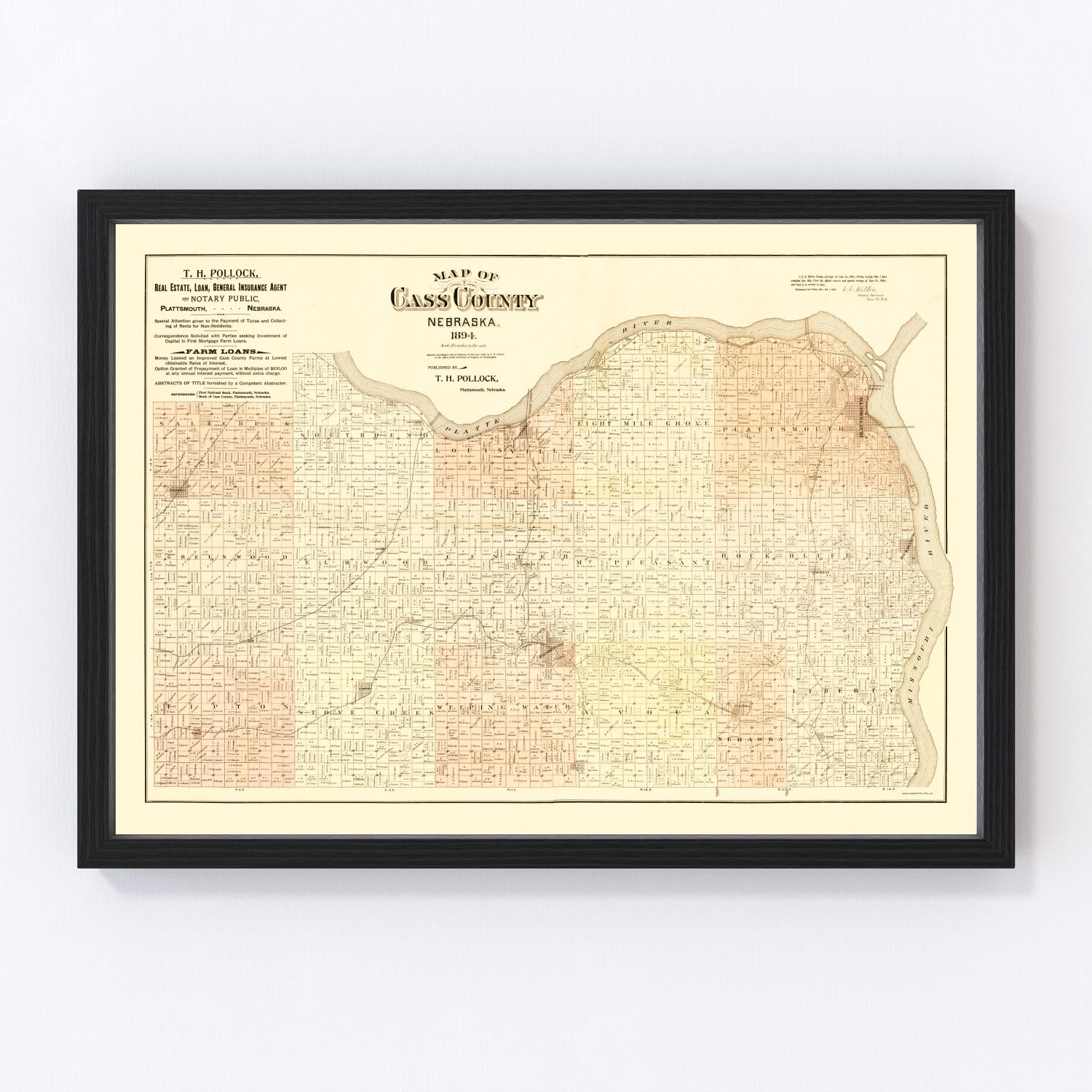 Vintage Map of Cass County, Nebraska 1894 -Not available at Minden location-