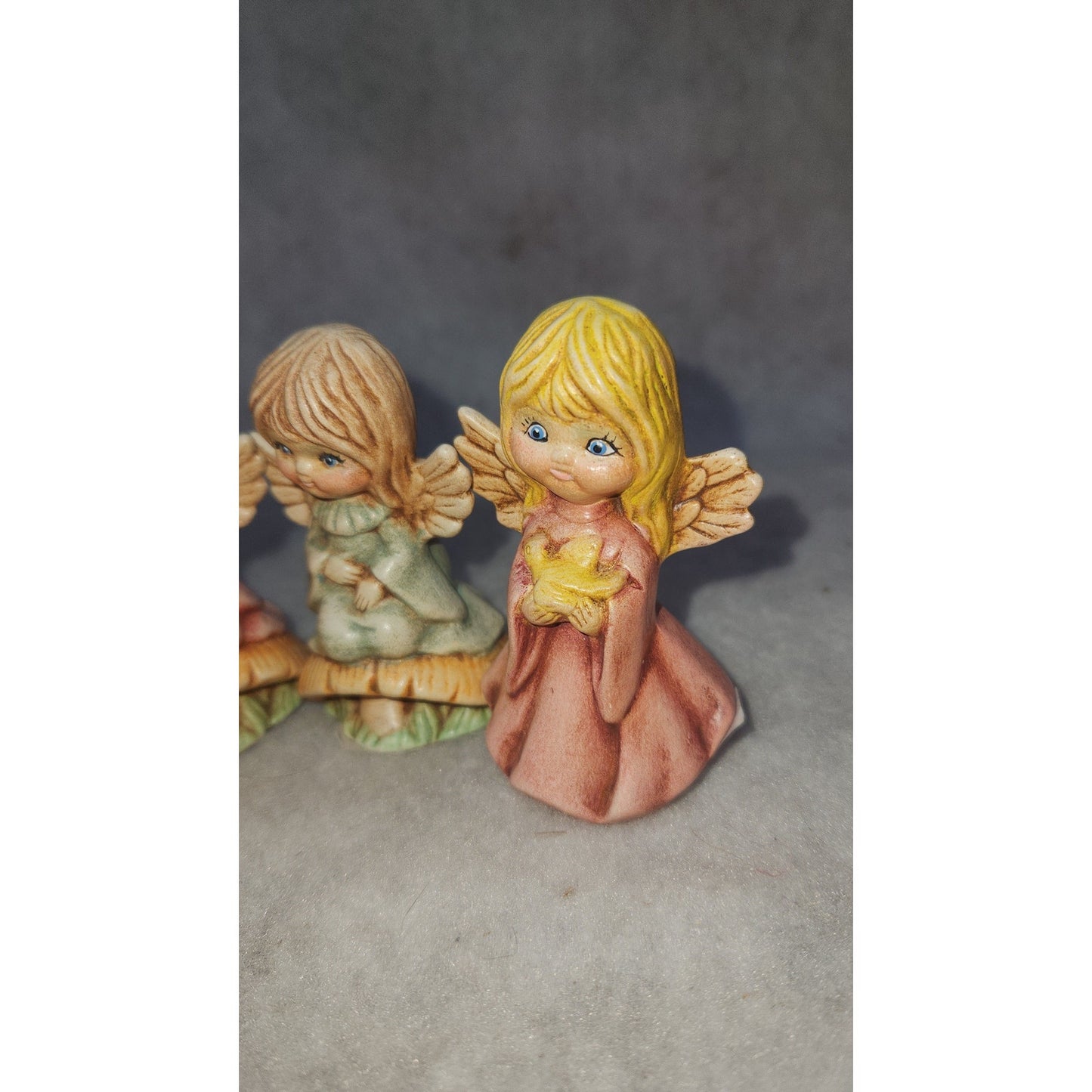 Vintage angels on mushrooms and with a bird handpainted