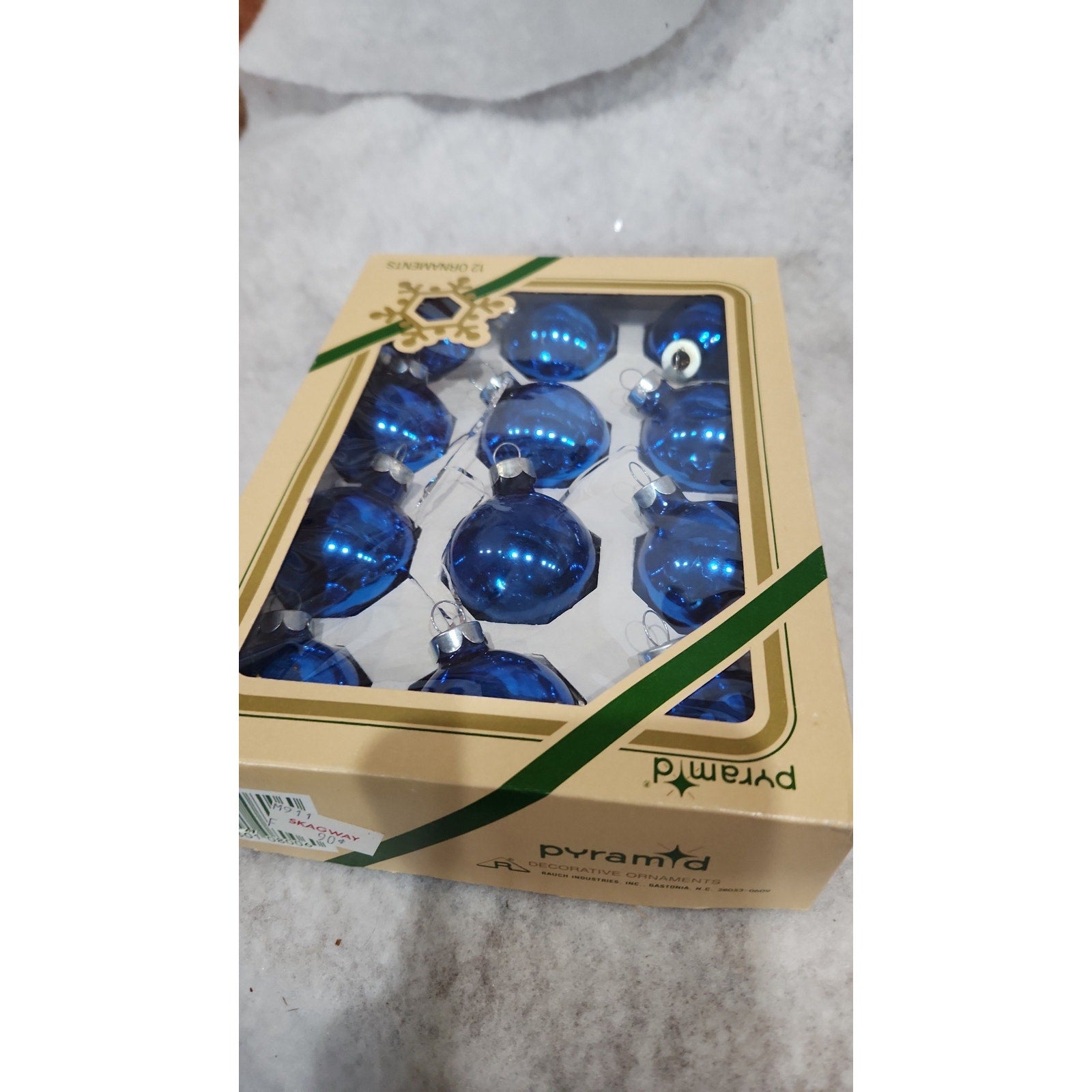 vintage box of blue Pyramid ornaments