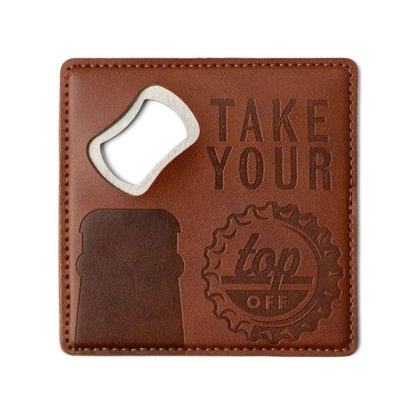 Leather and Metal Bottle Opener Coaster "take your top off" lc4 ONE COASTER