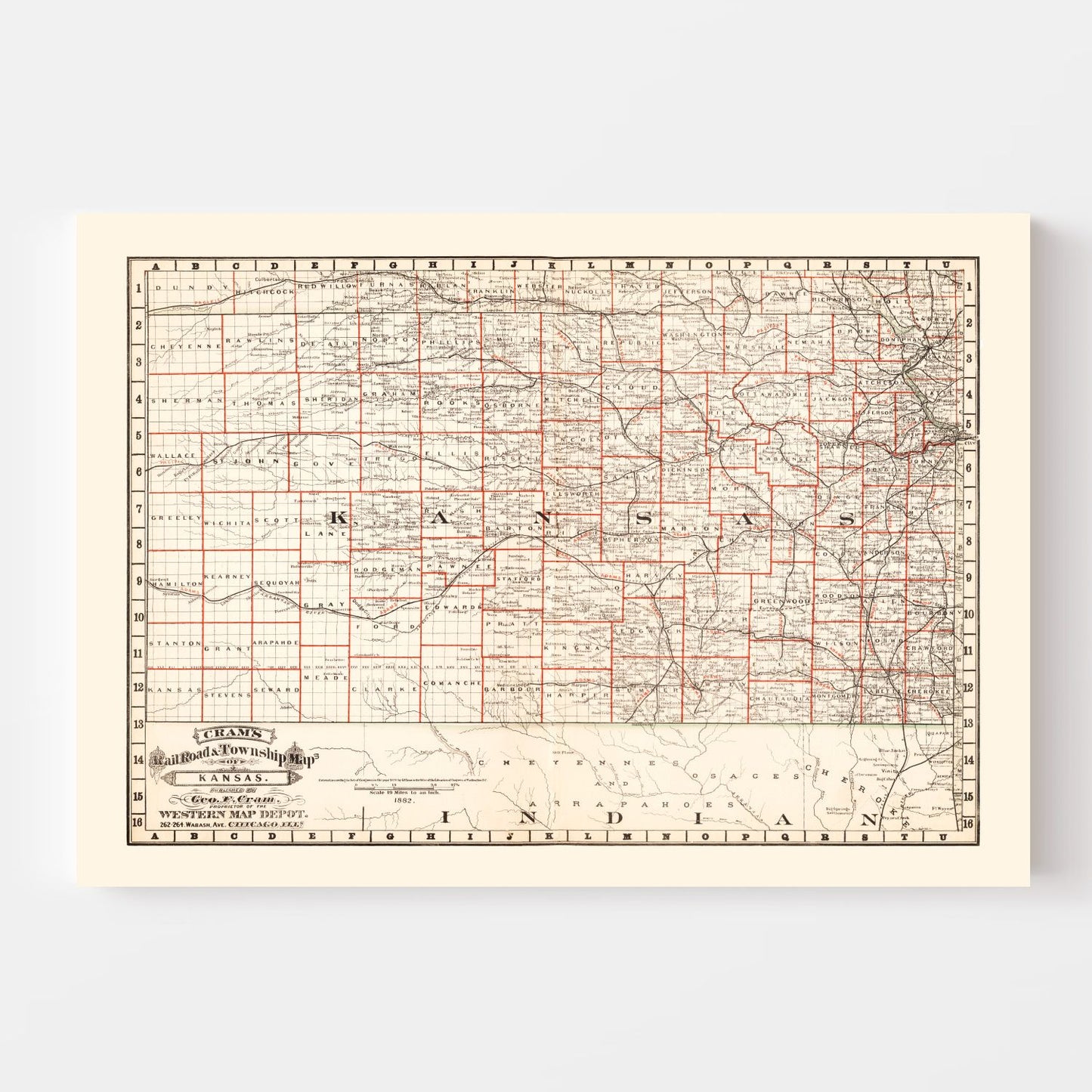 Vintage Railroad Map of Nebraska 1882 -Not available at Minden location-