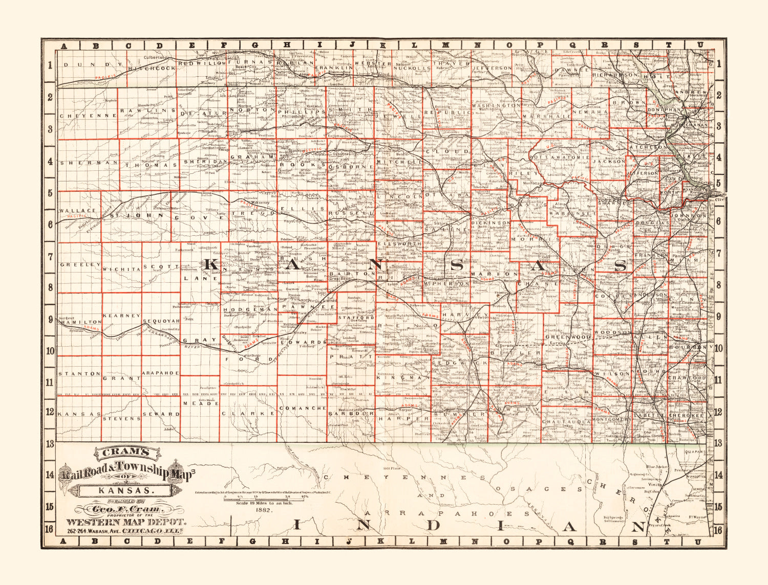Vintage Railroad Map of Nebraska 1882 -Not available at Minden location-