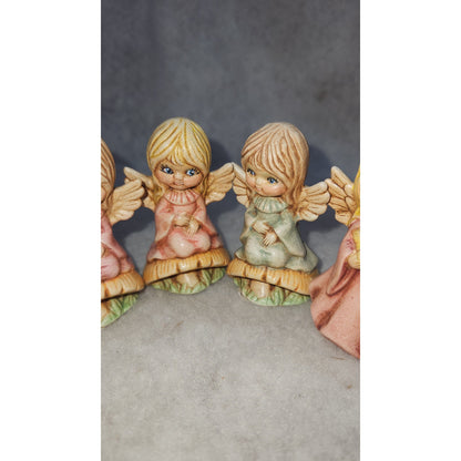 Vintage angels on mushrooms and with a bird handpainted