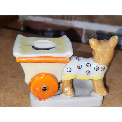 Vintage Pin Cushion Ceramic Scottie Dog & Cart Made in Japan AS IS vo85