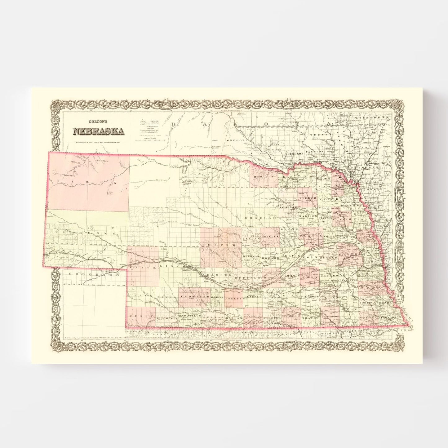 Vintage Map of Nebraska 1867 -Not available at Minden location-