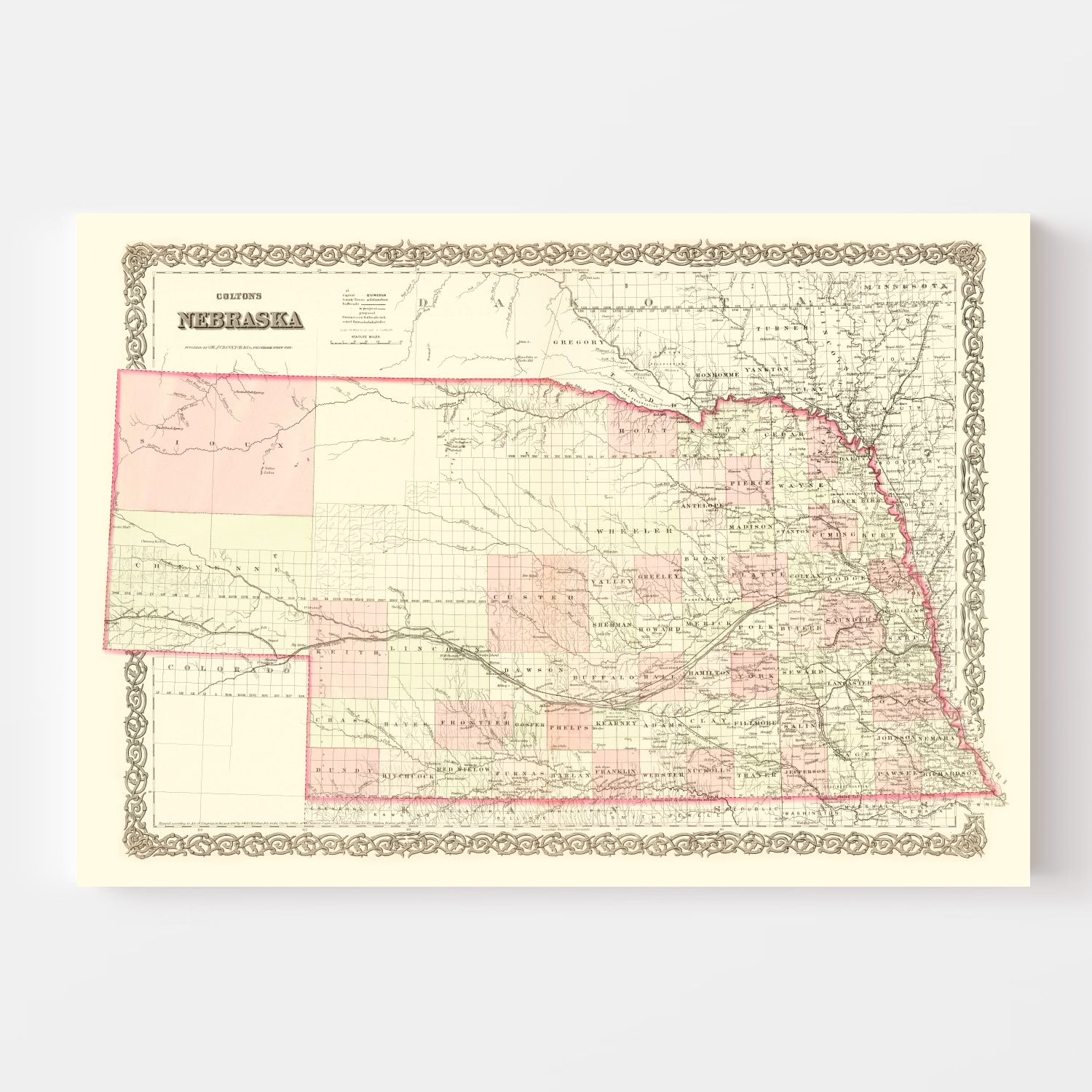 Vintage Map of Nebraska 1867 -Not available at Minden location-