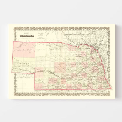 Vintage Map of Nebraska 1867 -Not available at Minden location-
