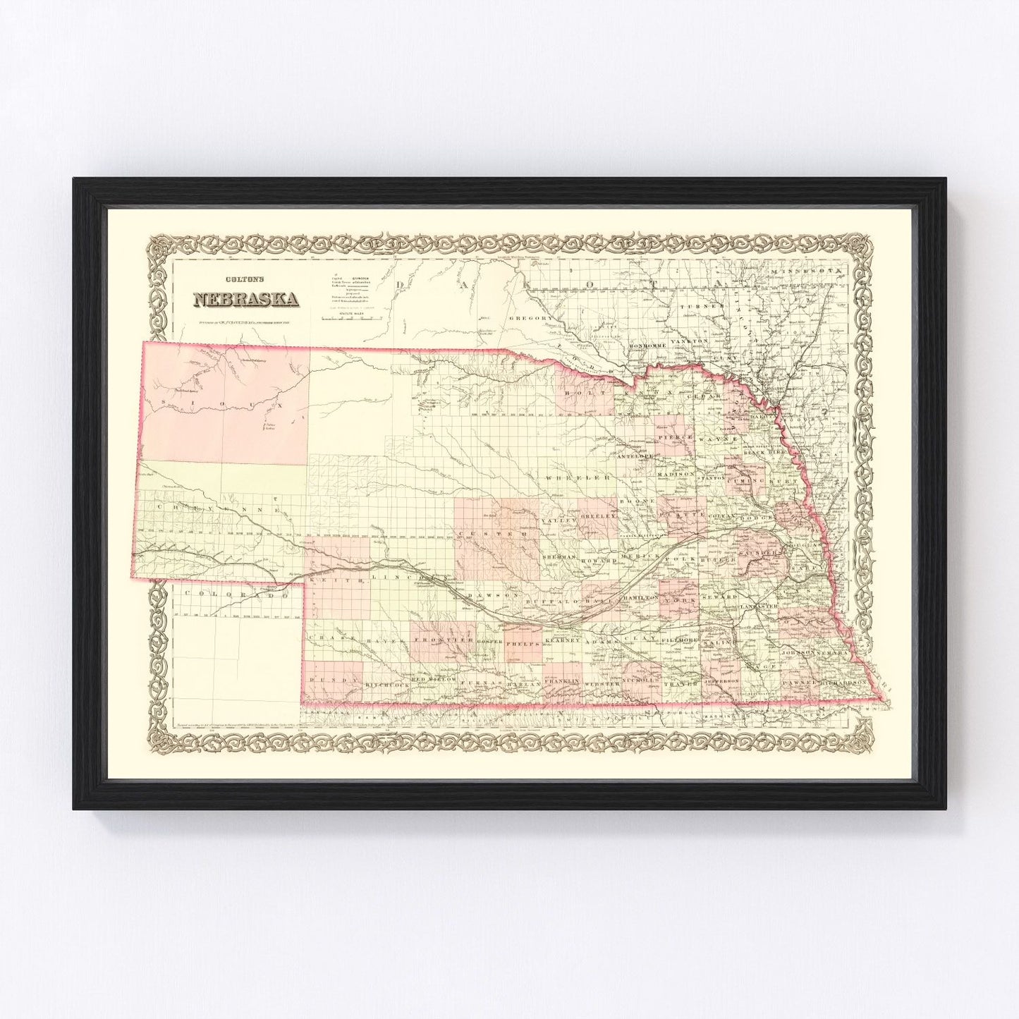 Vintage Map of Nebraska 1867 -Not available at Minden location-