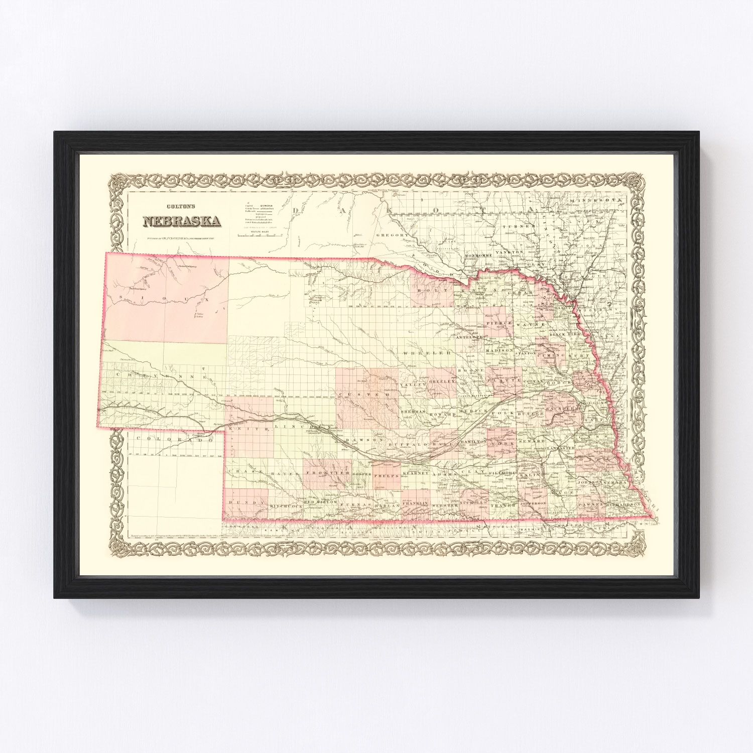 Vintage Map of Nebraska 1867 -Not available at Minden location-