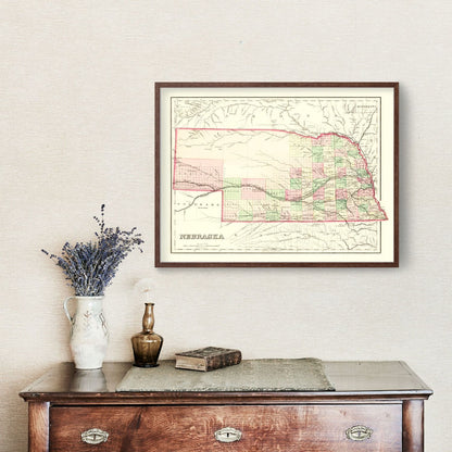 Vintage Map of Nebraska 1876 -Not available at Minden location-