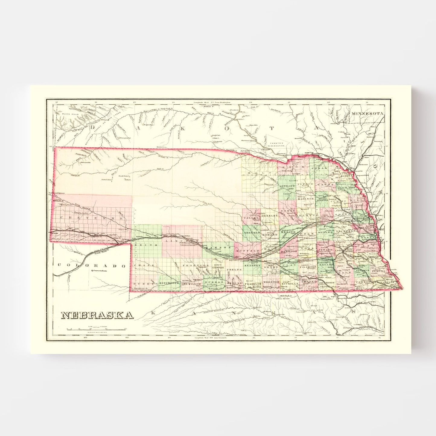 Vintage Map of Nebraska 1876 -Not available at Minden location-