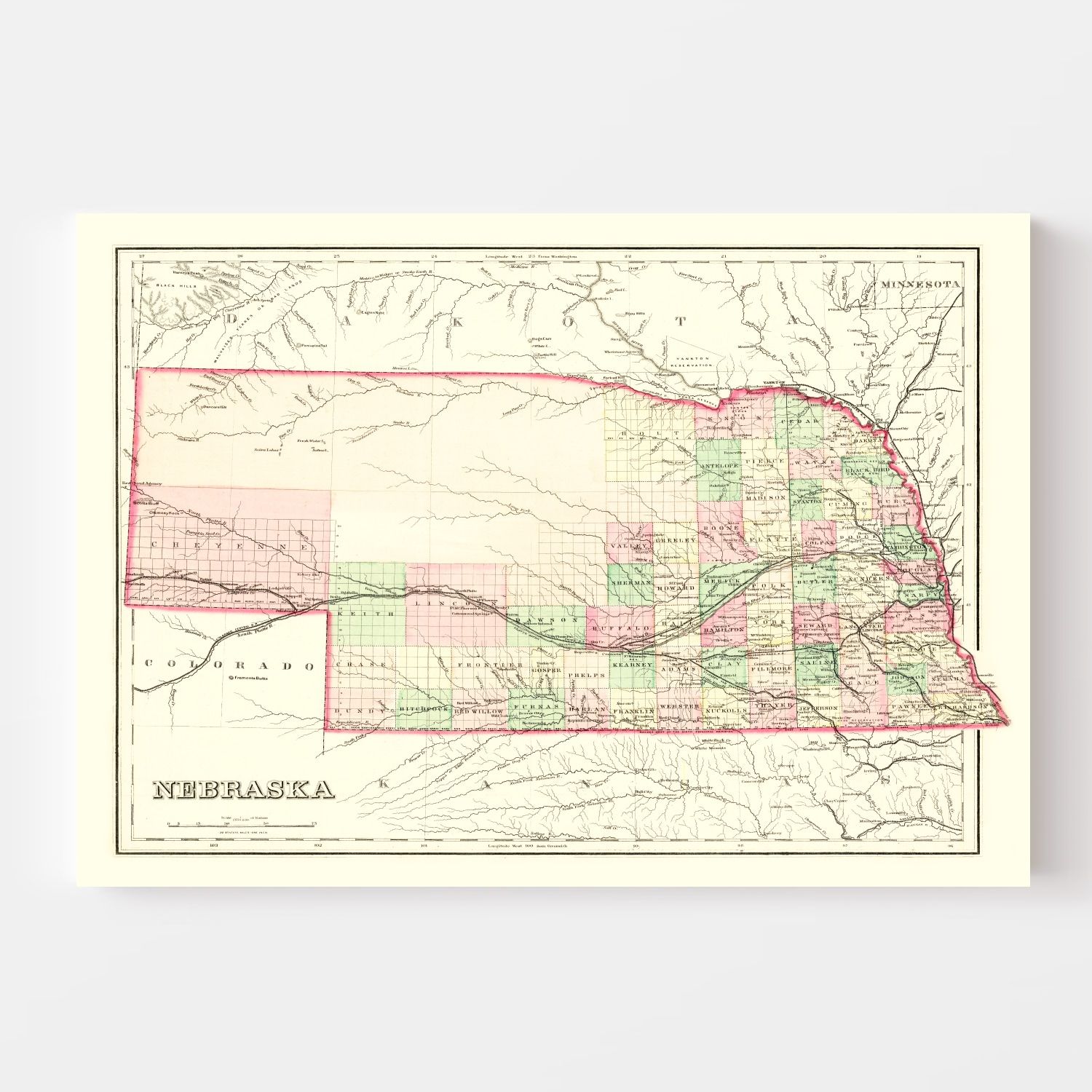 Vintage Map of Nebraska 1876 -Not available at Minden location-