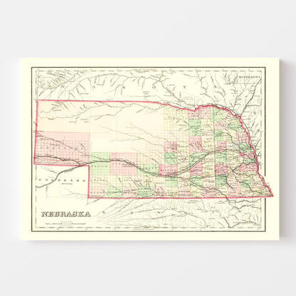 Vintage Map of Nebraska 1876 -Not available at Minden location-