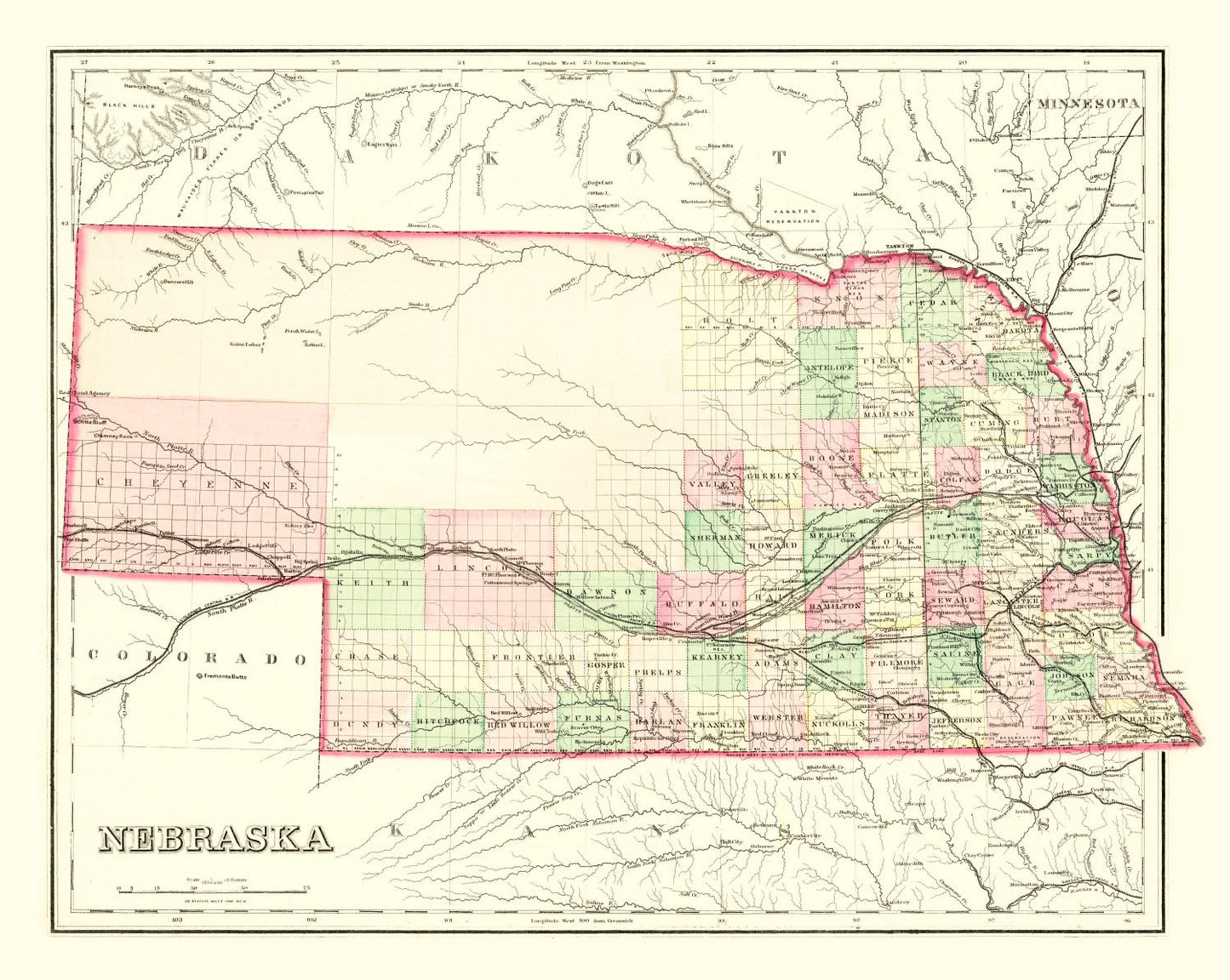 Vintage Map of Nebraska 1876 -Not available at Minden location-