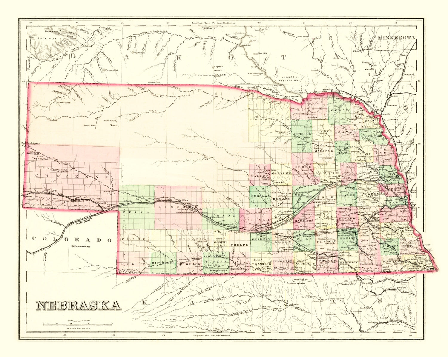 Vintage Map of Nebraska 1876 -Not available at Minden location-