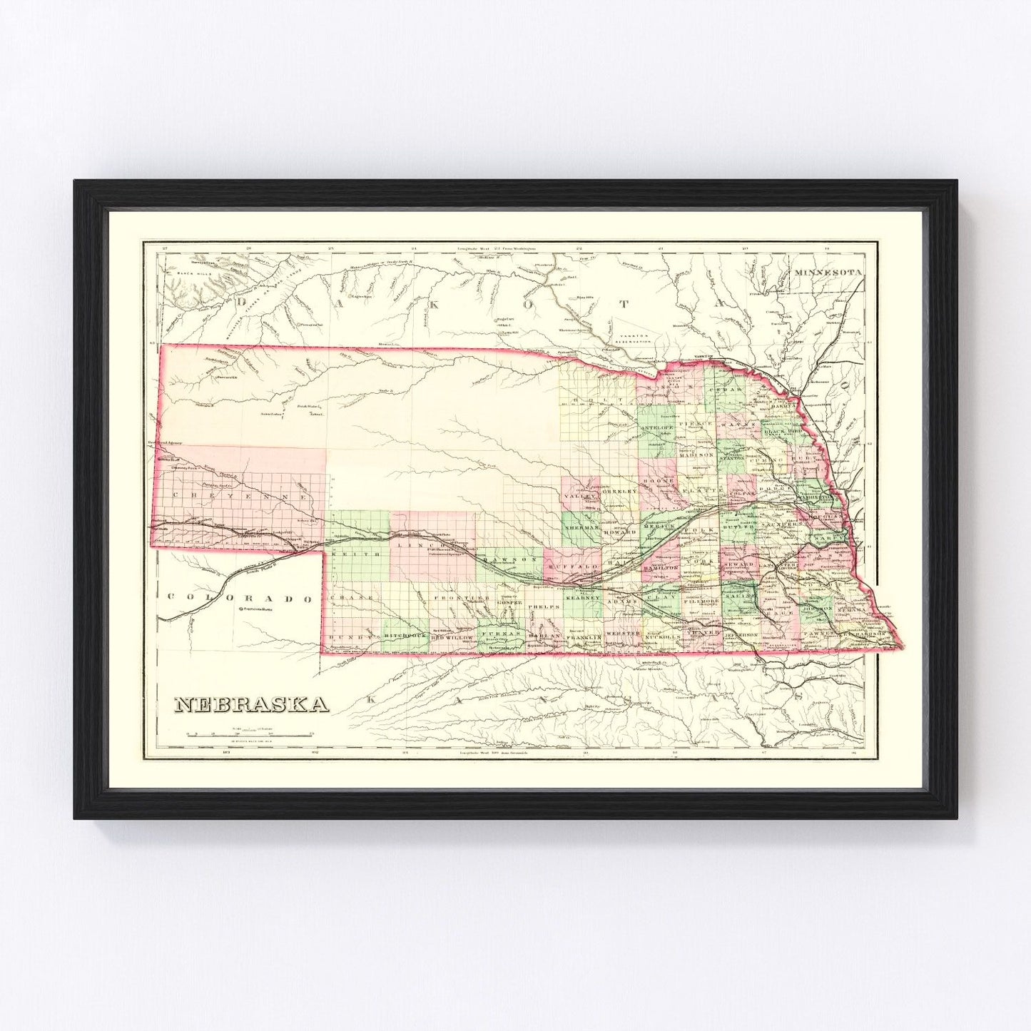 Vintage Map of Nebraska 1876 -Not available at Minden location-