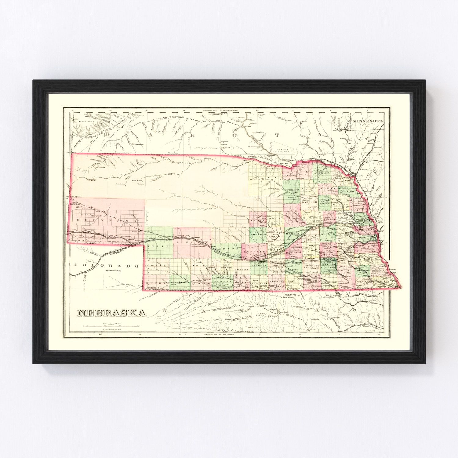 Vintage Map of Nebraska 1876 -Not available at Minden location-