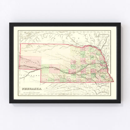 Vintage Map of Nebraska 1876 -Not available at Minden location-